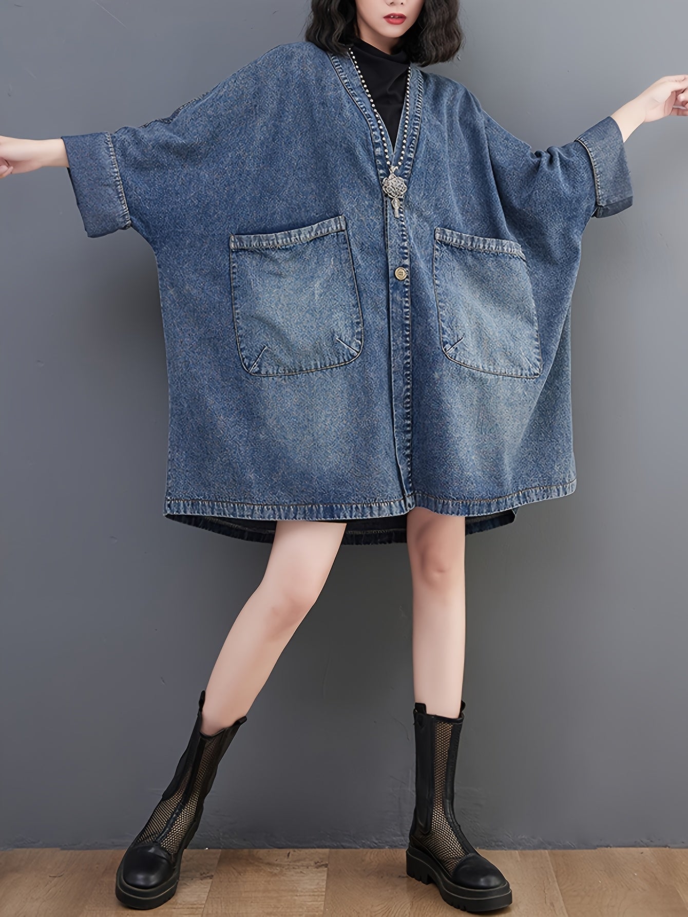Women's Vintage Japanese-Inspired Distressed Denim Jacket Coat - Loose Fit Long Sleeve Open Front Casual Chic Outerwear, Machine Washable Non-Stretch Denim for Layering, Layering Piece | Decorative Pockets