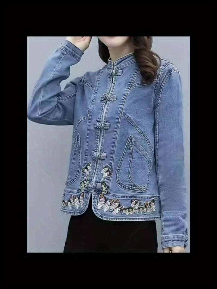 Women'S Vintage-Inspired Denim Jacket with Floral Embroidery - Short, Stretchy, Non-Stretch Fabric, Perfect for Spring & Fall, Casual Style Jacket|Vintage Denim Jacket|Embroidered Detail