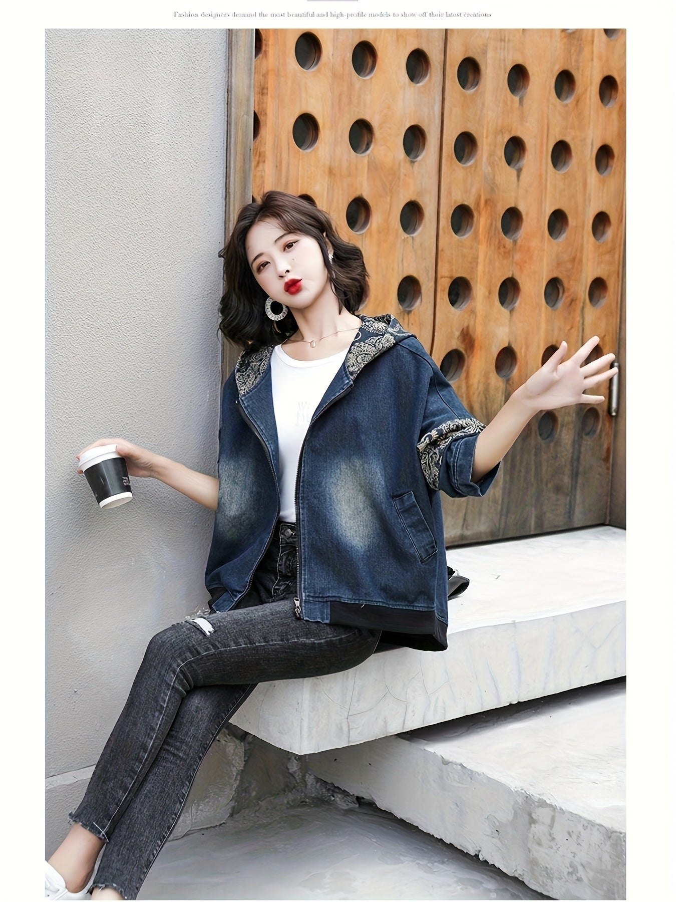 Women'S Vintage-Inspired Denim Jacket with Geometric Pattern and Zipper Detail - Casual Loose Fit, Zip-Up Hooded Jacket for Spring and Fall, Casual Jacket | Hooded Jacket | Decorative Patches
