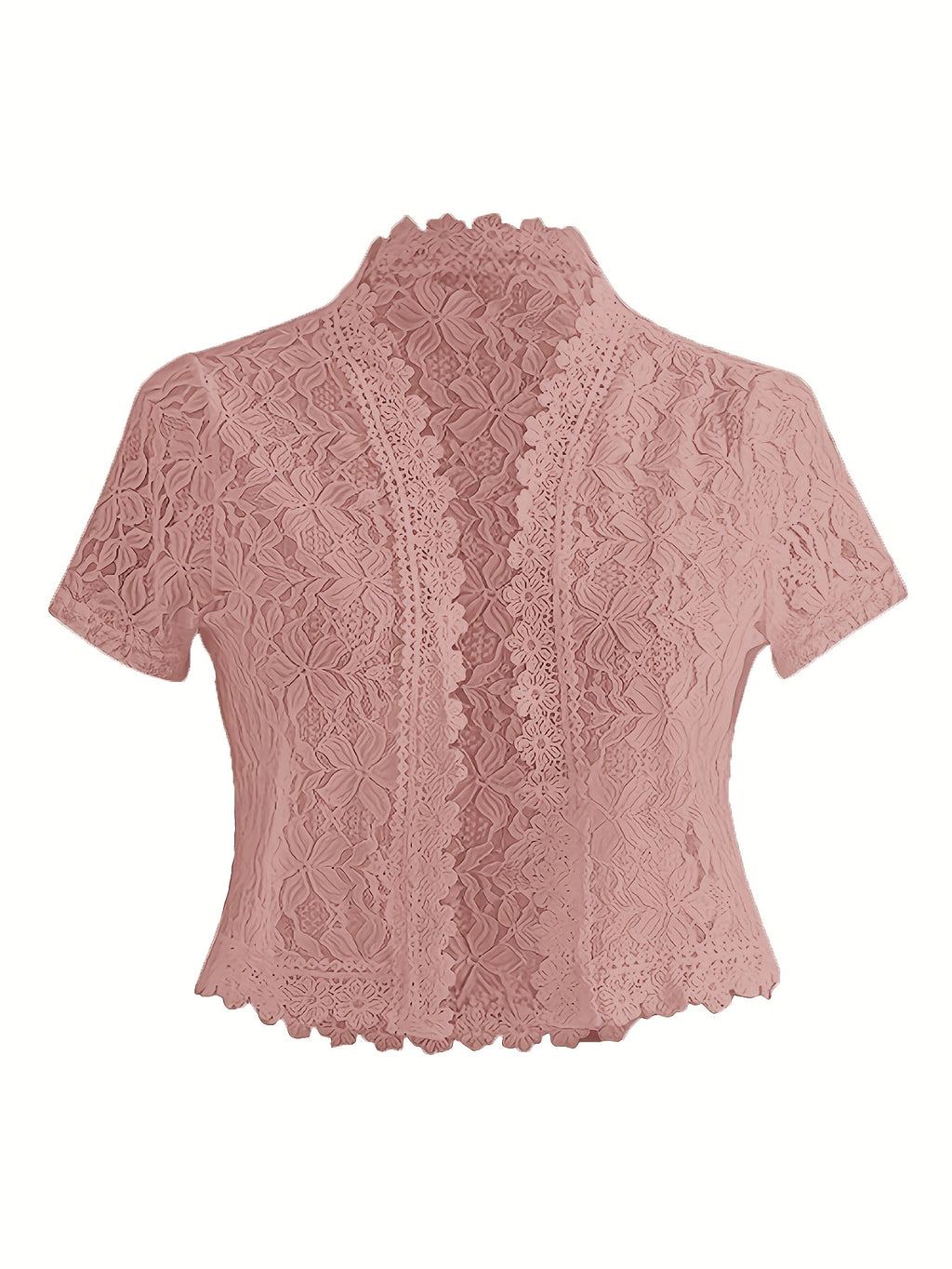 Elegant White Lace Contrast Cardigan - Short Sleeve, Stand Collar, Open Front Jacket for Women | Perfect for Spring\u002FSummer Parties & Casual Wear, Party Wear Cardigan | Lace Detailing | Constructio