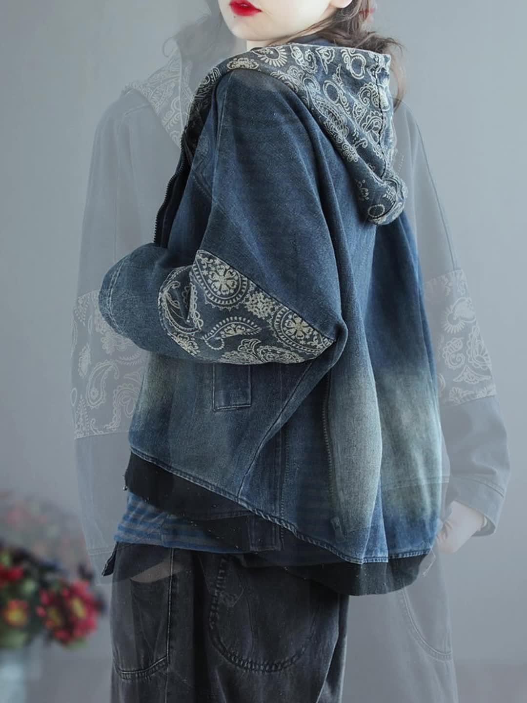 Women'S Vintage-Inspired Denim Jacket with Geometric Pattern and Zipper Detail - Casual Loose Fit, Zip-Up Hooded Jacket for Spring and Fall, Casual Jacket | Hooded Jacket | Decorative Patches